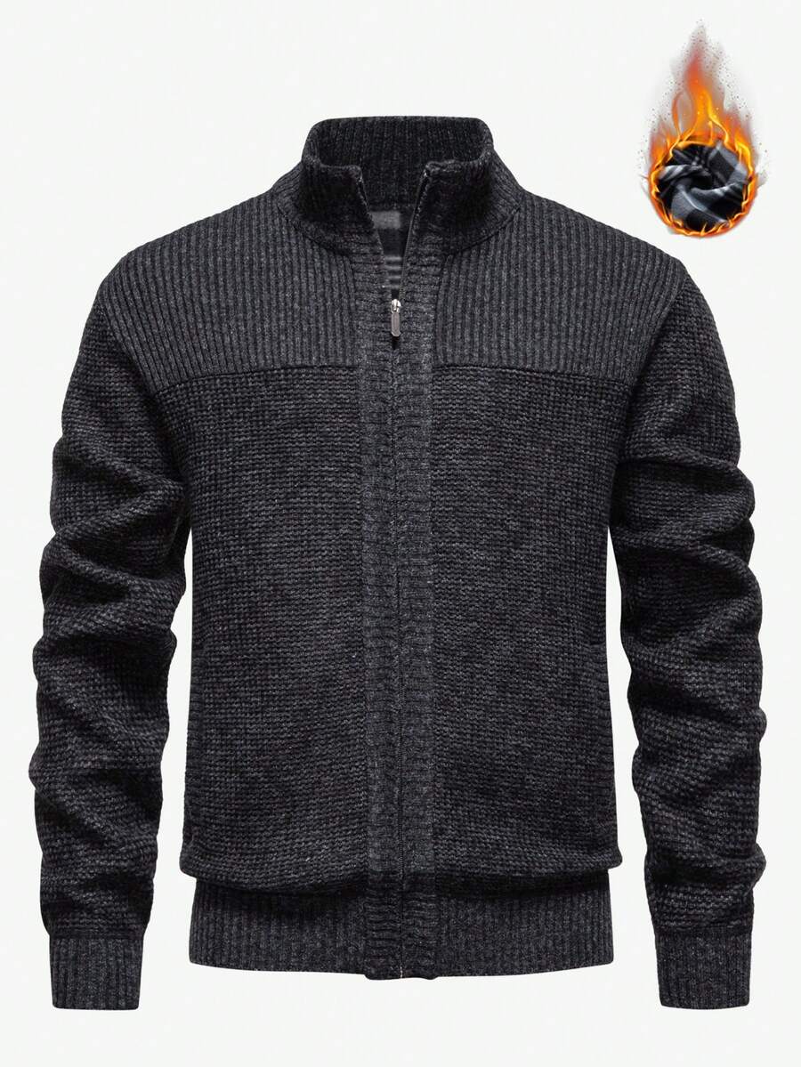 Manfinity Mode 男士纯色保暖内衬开衫，秋冬休闲立领开衫，适合情侣穿着，也是送给男友或丈夫的绝佳礼物，长袖拉链开衫 - 黑色 - 查看 1