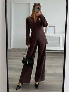 Aloruh Conjunto de chándal informal de mujer con sudadera de cuello de solapa de manga larga y pantalones de pierna ancha de unicolor - Café integral - Ver 3