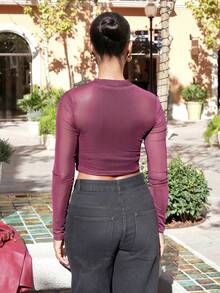 Yess Loren Mock Neck Ruched Mesh Perspective Crop Top Without Bra - Burgundy - View 2