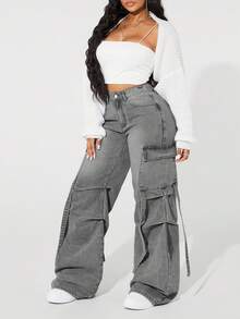 SHEIN ICON Plus Size Solid Color Casual Versatile Wide Leg Cargo Jeans - Light Grey - View 5