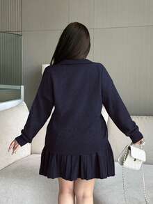 Vibekara Autumn/Winter New Plus Size Women Knitted Casual Solid Color Embroidery Lapel Simple Long Sleeve Sweater Top & Skirt Suit, Versatile 2 Piece Skirt Sets Woman Navy Blue Outfit Women Pleated Skirt Set Tennis Skirt Set Plus Sweater Sets For Women - Royal Blue - View 2