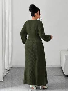 Elenzga Plus Size Elegant Delicate Hollow V-Neck Sweater Dress