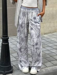 StreetHx Quần dài thể thao ống đứng in họa tiết lá cây màu xám, cạp chun, có dây rút, họa tiết ngụy trang dành cho nữ, thường ngày cho mùa thu/đông, thích hợp mặc hàng ngày, giáo viên, trường học, lễ tốt nghiệp, phong cách đường phố cổ điển, giải trí, thể thao, mặc nhà - Xám - Xem 7