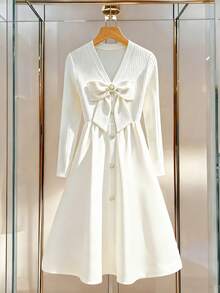 Franclia Women's Elegant Long-Sleeved Cream White Dress With Bow,Fitted Waist,Ribbed Fabric,Single-Breasted,Autumn Tea Party,Christmas,New Year Eve Outfits - White - View 4
