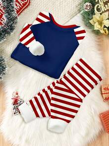 SHEIN Baby Boy Christmas Sleepwear Set,Cute Santa Reindeer Patterns Long Sleeve Top And Pants,Snug Fit Red And White Stripe Autumn Night Pajamas For Kids - Multicolor - View 3