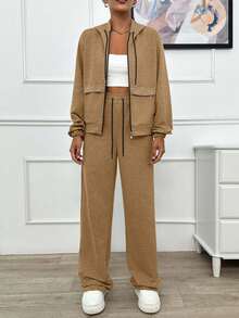 EURMUSE TWO PIECES TWO THREAD LIGHT GREY HOODIE SWEATSHIRT AND SWEATPANT WITH SPARKLE STONE DETAIL - Camel - View 6