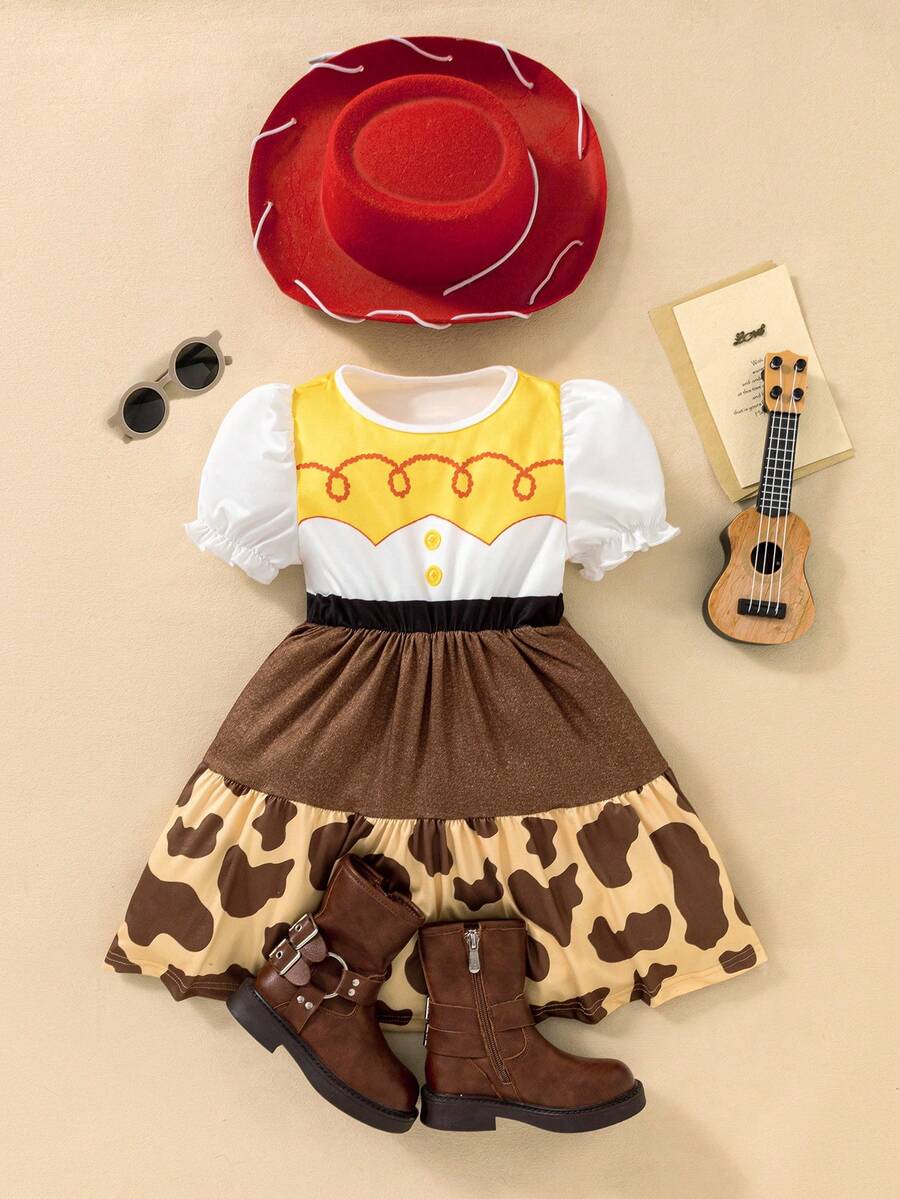 SHEIN Perso Play 女童豹纹撞色荷叶边短袖连衣裙