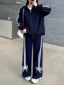 SHEIN Tween Girl Solid Color Knit Patchwork Ribbon Trim Hooded Cardigan And Wide Leg Pants Casual Outfit - Navy Blue - View 1