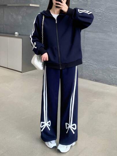 SHEIN 青少年女孩纯色针织拼布丝带装饰连帽开衫和阔腿裤休闲装