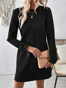 EMERY ROSE Plus Size Women Casual Textured Solid Color Long Sleeve Dress, Autumn/Winter - Black - View 3