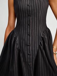 Avenya 单肩棕色条纹纽扣褶裥修身公主裙，优雅性感连衣裙 - 黑色 - 查看 2