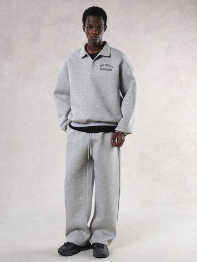 DAZY Conjunto de sudadera con cuello polo y forro polar con estampado de letras para hombre, otoño/invierno