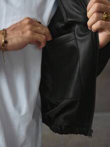 AXEPEAK Men's Autumn Fashionable Street Flame Embroidery Zip-Up PU Leather Long Sleeve Jacket - Black - View 8