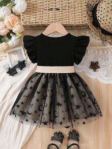 SHEIN Gaun A-line Peri Musim Panas Hitam untuk Bayi Perempuan dengan Lengan Bergelombang dan Sabuk yang Serasi, Siluet Klasik untuk Acara Jalan-jalan, Pemotretan, dan Item Fashion. - MultiWarna - View 2