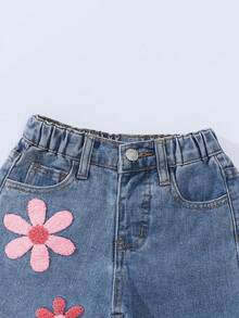 SHEIN ChillGRL Pantalones acampanados de niñas jóvenes con lavado desgastado, bordado de copos de nieve y estilo de moda - Azul - Ver 4