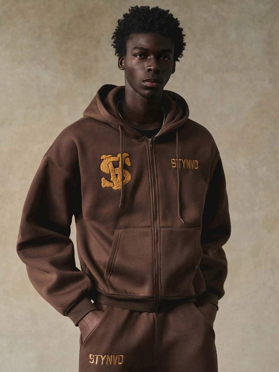 STYNVO 男士字母刺绣拉链抽绳连帽衫和运动裤休闲运动套装 男士套装 男士两件套 棕色宽松运动裤 男士棕色套装 - 棕色 - 查看 1