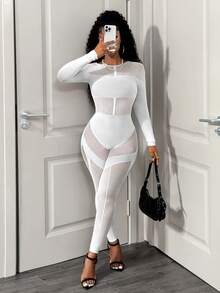 BamGleam Women's Sexy Hollow Out Mesh Long Sleeve Jumpsuit - White - View 5
