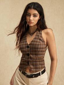 Easelle Áo vest nữ hở lưng họa tiết kẻ caro nhẹ nhàng, phù hợp mặc đi làm, đi chơi và thường ngày - màu nâu - Xem 6