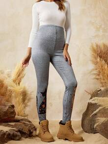 Boho Mama 可调节腰围卡通猫印花休闲打底裤，波西米亚风孕妇紧身裤，灰色保暖内衬打底裤，女士孕妇打底裤。 - 灰色 - 查看 3