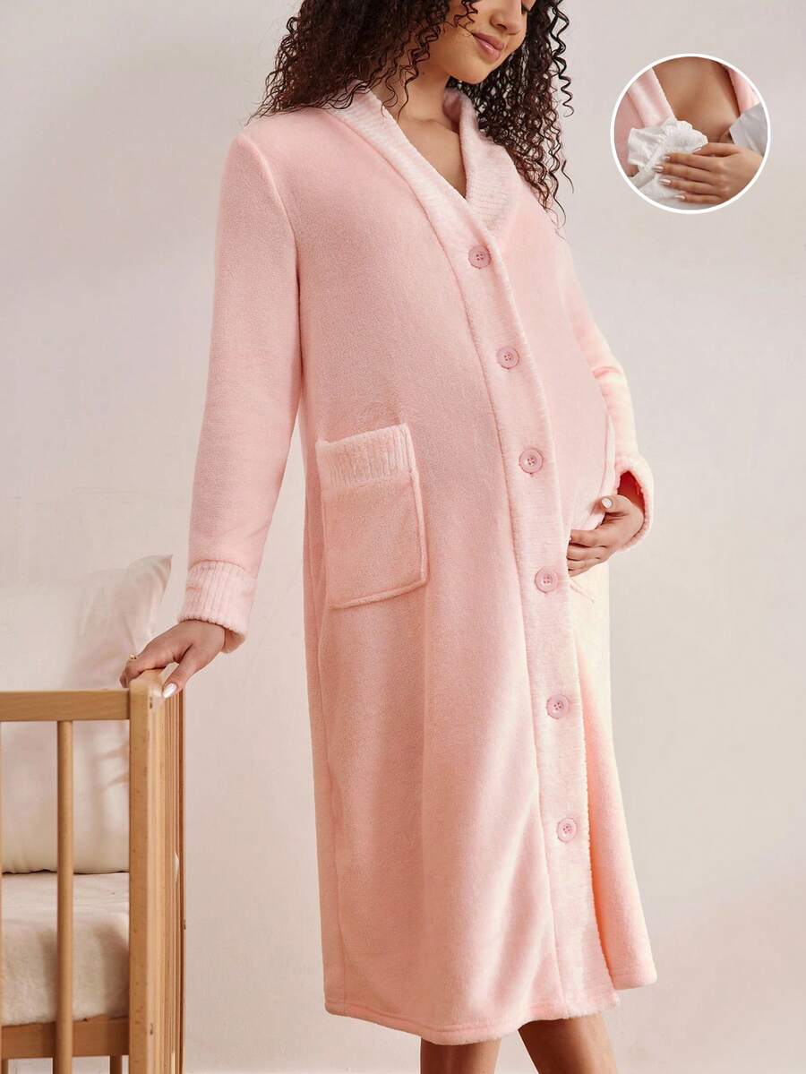 Moonlight&Mama Bộ đồ mặc nhà bằng vải nỉ mềm mại, màu trơn, cài cúc phía trước dành cho bà bầu, thích hợp cho mùa Thu/Đông. - Bụi hồng - Xem 1