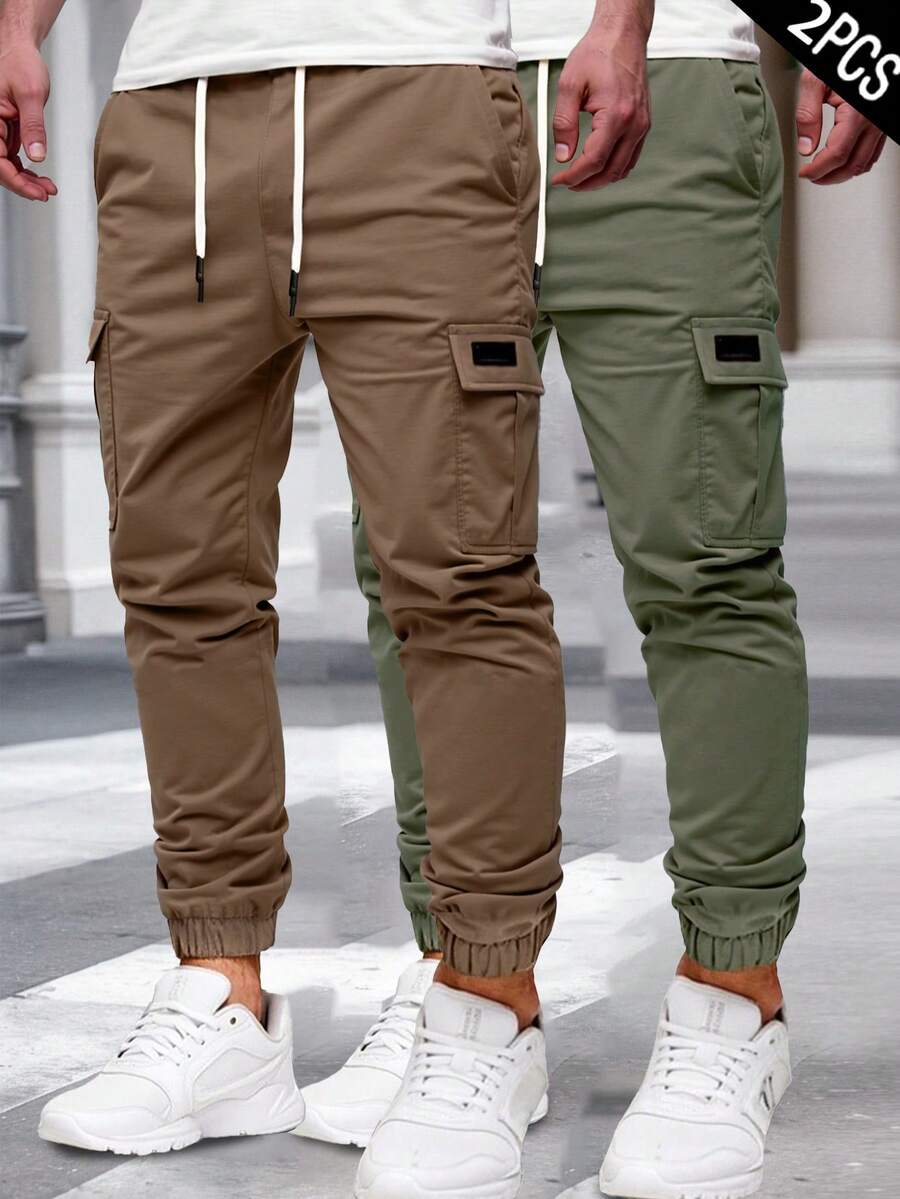 Manfinity Homme 2条装男士休闲时尚街头日常通勤简约百搭抽绳腰带翻盖口袋工装裤 - 彩色 - 查看 1