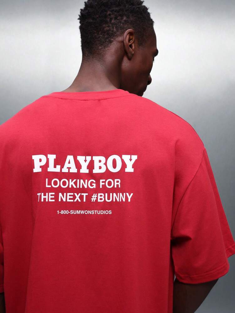 PLAYBOY X SUMWON Boxy Fit Crew Neck Short Sleeve Statement Graphic Tee With Back Print Cotton Blend Streetwear Style