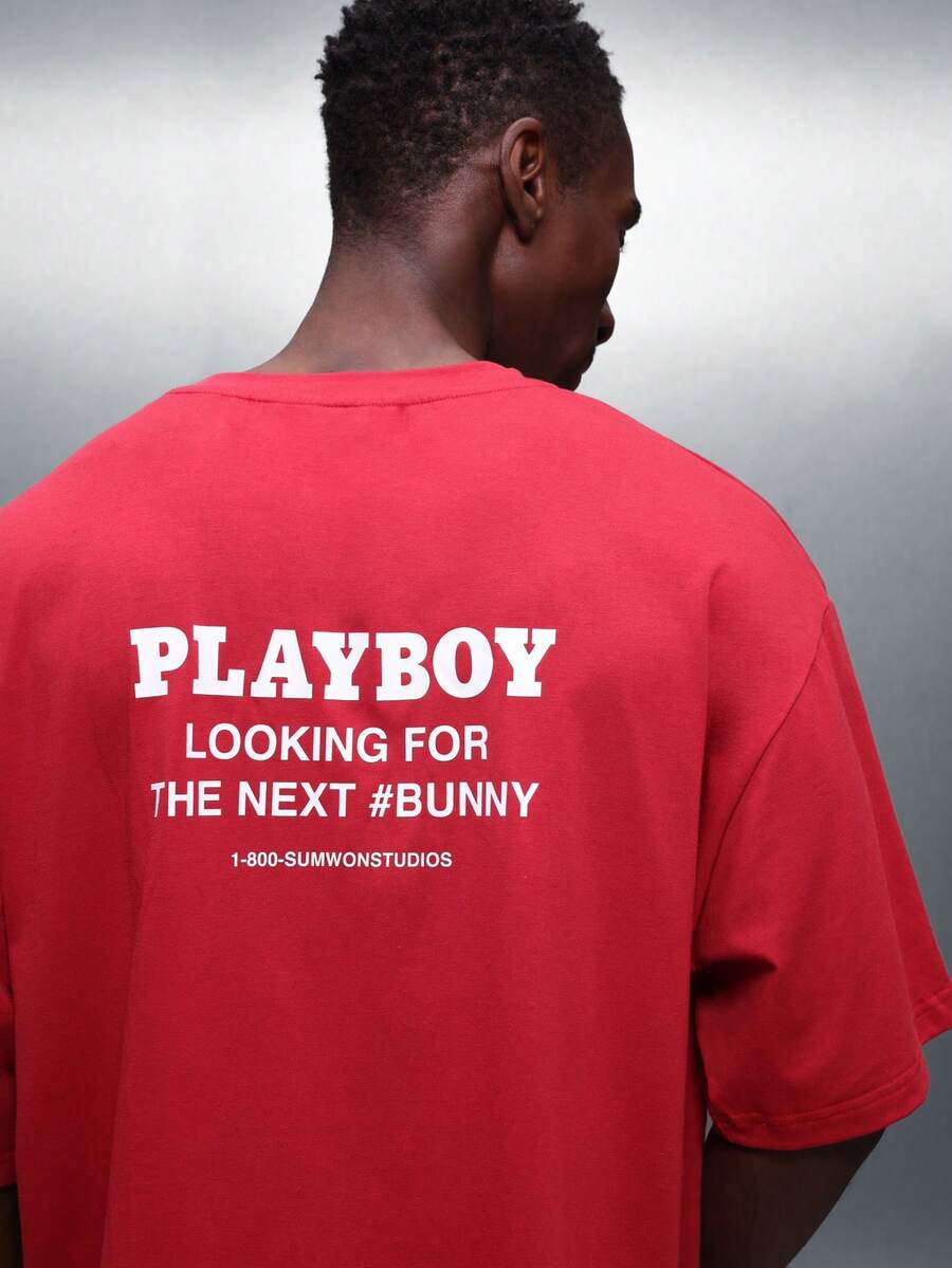 PLAYBOY X SUMWON Boxy Fit Crew Neck Short Sleeve Statement Graphic Tee With Back Print Cotton Blend Streetwear Style - Red - View 1