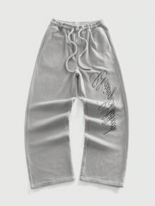 ROMWE MEN Casual 男士休闲字母刺绣直筒运动裤，秋冬款 - 淺灰色 - 查看 1