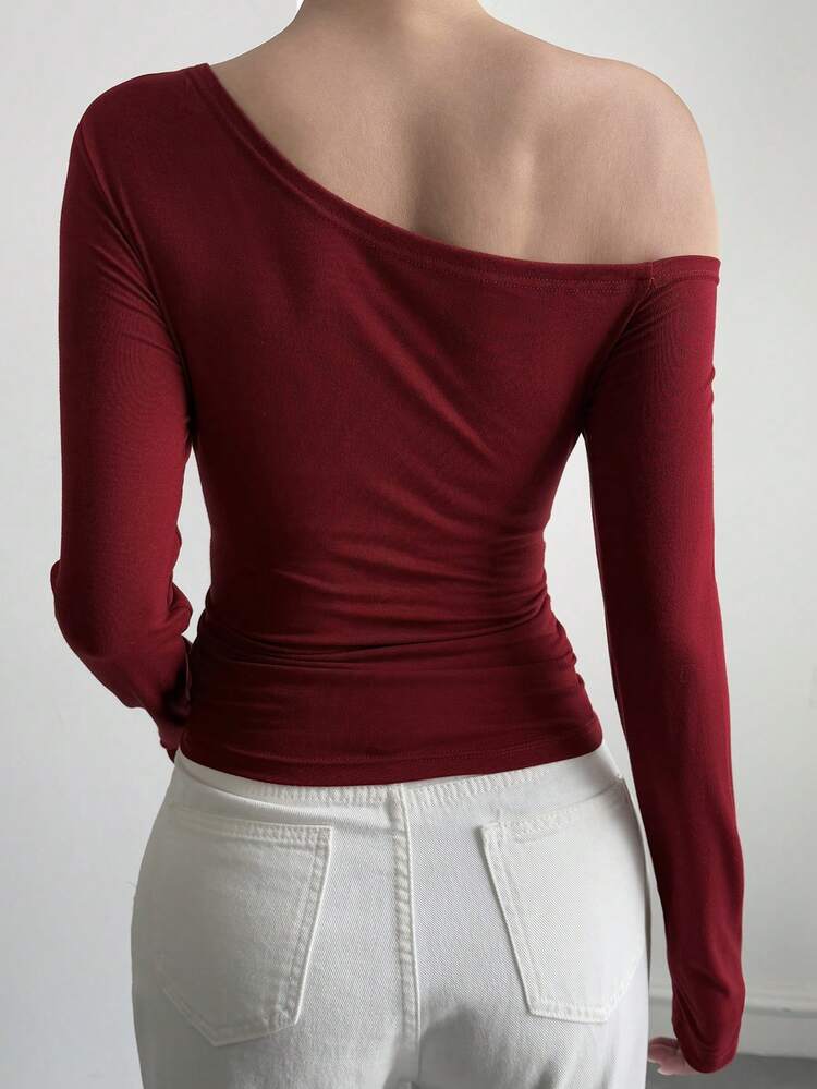 1pc Off-Shoulder Fitted Pocket Decor Women T-Shirt