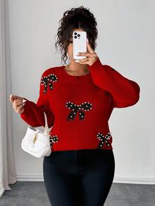 Elenzga Plus Size Women Elegant Long Sleeve Loose Beaded Bow Knit Sweater, Suitable For Outings, Vacations, And Clubs, Autumn/Winter - Red - View 3
