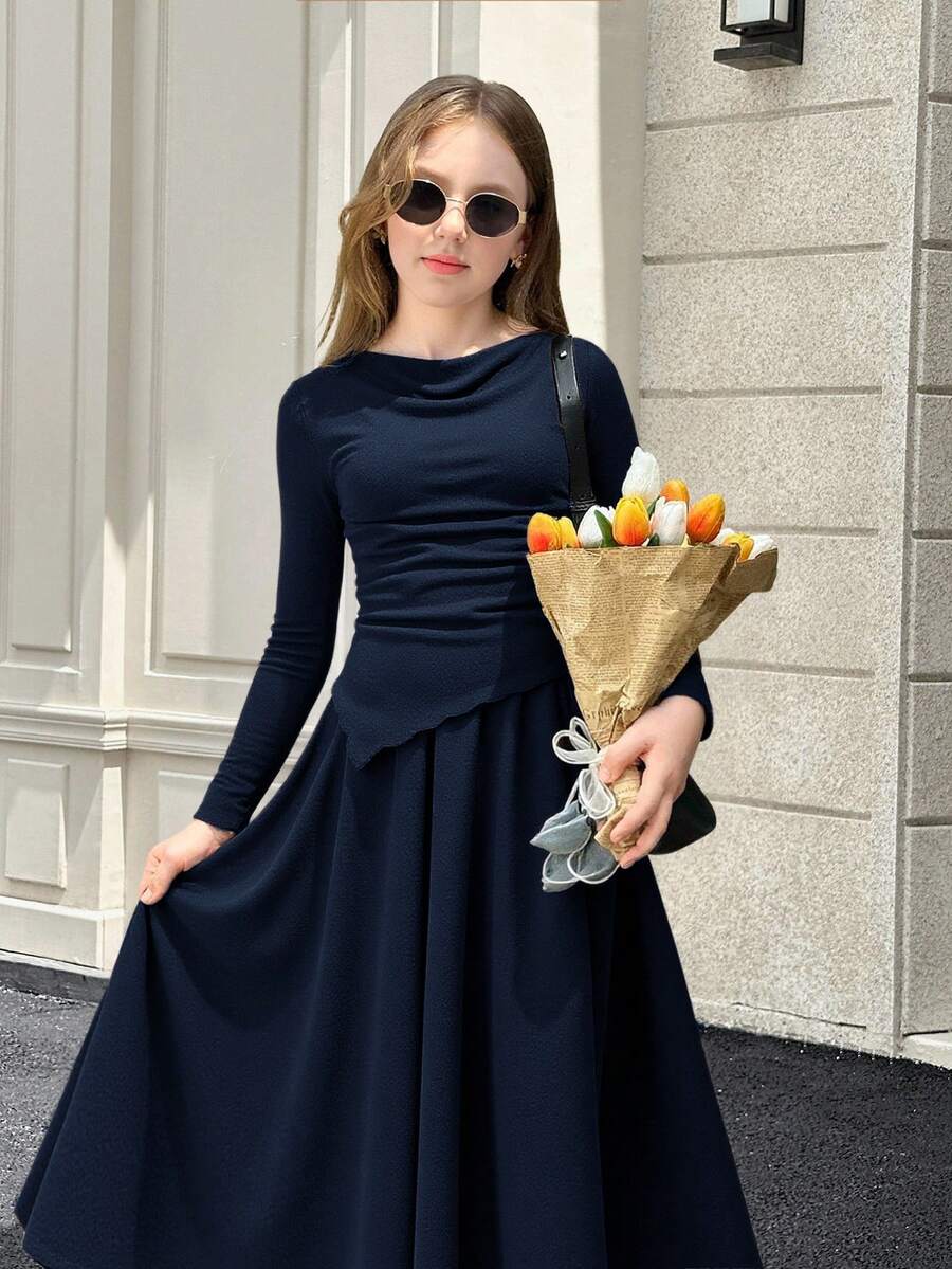 SHEIN Serisse Kids 少女两件套,不对称下摆长袖上衣搭配A字中长裙,优雅复古风,适合外出、派对、毕业典礼等场合,也可作为日常休闲穿着。 - 藏蓝色 - 查看 1