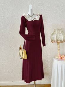Feyla Vestido de Malha Ajustado com Decoração Floral Vestido Tipo Suéter em Linha A para Outono/Inverno - Vinho - Visão 7