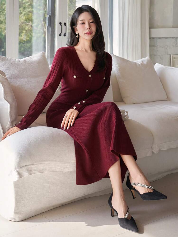 Women's Elegant Solid Color V-Neck Faux Pocket Sweater Dress, Autumn/Winter,New Year