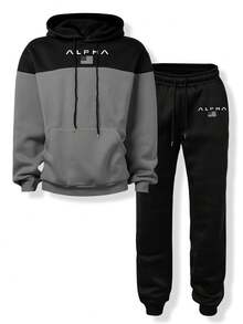 Manfinity Plus Size Men's Color Block Hoodie And Pants Set - Multicolor - View 3