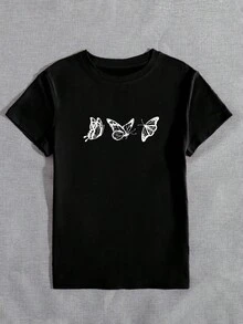 Camiseta con estampado de mariposa de cuello redondo - Negro - Ver 4