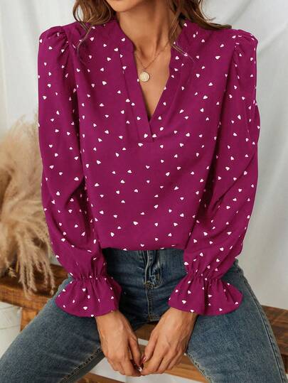 LanaWest Women's Heart Print V-Neck Long Sleeve Fashion Blouse