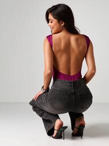 MISSGUIDED Low Back Bodysuit Sleeveless Fitted Stretch Top Evening Club Party Wear Open Back Design - Purple - View 2