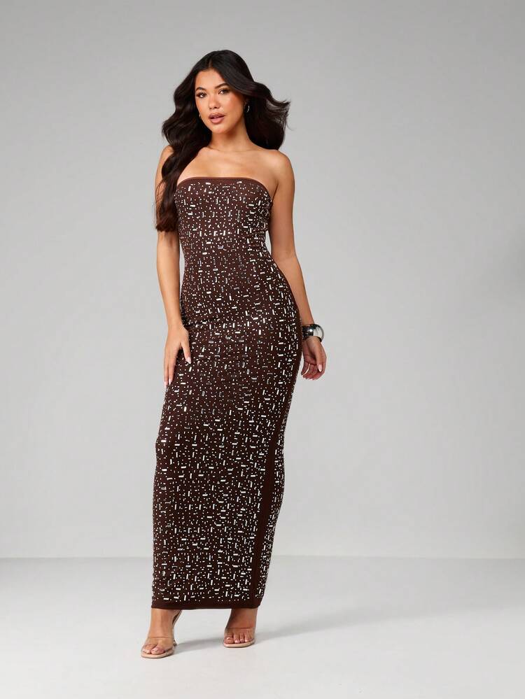 MISSGUIDED Robe longue de soirée marron à paillettes, bustier sans bretelles, moulante, pour femme, tenue de fête formelle