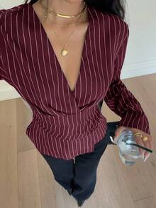 Siren Gaze 女士条纹束腰长袖衬衫，秋冬款 - 酒紅色 - 查看 5