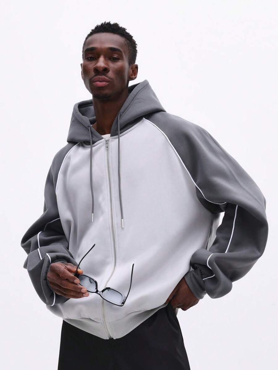 Sudadera con capucha con cremallera completa y bloques de color SUMWON para hombres, ajuste regular, manga larga, casual para otoño e invierno - Gris - Ver 1
