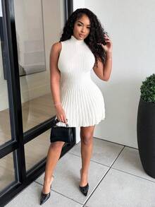 Alexandranx Minimalist Stand Collar Sleeveless A-Line Mini Ribbed Knit Dress For Women,Fall - White - View 5