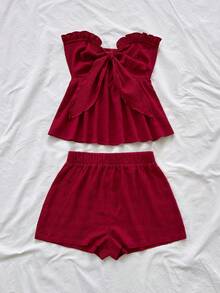 Soleia 女士条纹印花荷叶边下摆扭结前襟无袖露脐上衣和休闲短裤两件套，适合派对、海滩、海边穿着 - 紅色 - 查看 5