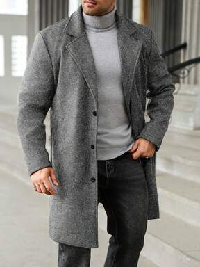 Manfinity Homme معطف رجالي كاجوال من خليط الصوف ذو ياقة مفرودة وأزرار فردية، لون أحادي، مناسب للخريف والشتاء، مقاسات كبيرة