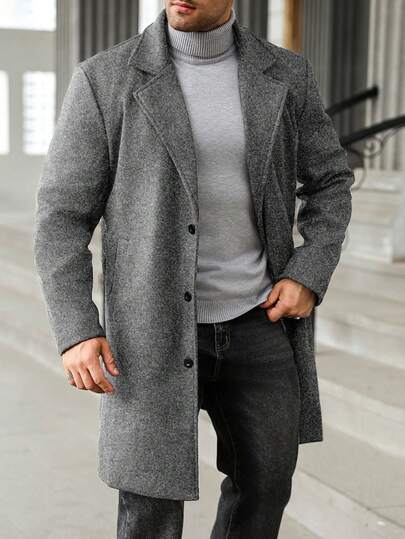 Manfinity Homme Cappotto in misto lana con colletto a tacca, monopetto, tinta unita, casual, per uomo taglie forti, autunno/inverno