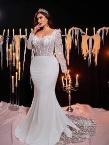 Glamrae Tuta di lusso elegante con maniche trasparenti, scollo a V, patch in pizzo ricamato, tessuto maglia elasticizzato, coppa reggiseno trasparente, allacciatura a spina di pesce sulla schiena, gonna lunga a sirena con bordo in pizzo ricamato, adatta per matrimoni, feste, vacanze, abito da sposa informale (ricamo pesante) - Bianco - Visualizzare 8