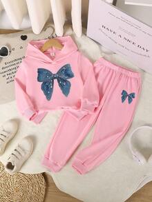 2pcs/Set Young Girls Bow Print Hooded Long Sleeve Sweatshirt & Pants Set - Pink - View 5