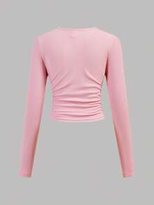 SHEIN Girlism 3pcs/Set Tween Girls' Fitted Casual Solid Color Round Neck Ruched Long Sleeve T-Shirt - Baby Pink - View 4