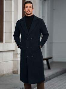 Manfinity Mode 男士纯色简约日常长袖大衣 男士长款外套 藏蓝色 男士优雅外套 - 藏蓝色 - 查看 4