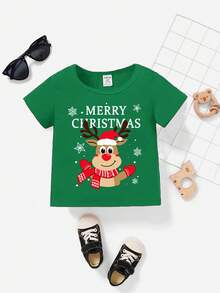 SHEIN Top à manches courtes pour bébé garçon, style mode minimaliste classique pour Noël, chaud et confortable, avec motifs d'arbre de Noël, de dessin animé et de renne mignon. Convient pour l'été.