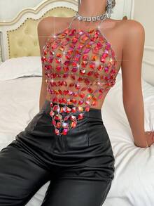 VaVaBold Women's Diamond Detail Halter Top Graphic Tees Women Tops - Red - View 3